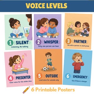 May include: A set of six educational posters titled VOICE LEVELS, featuring illustrations of children demonstrating different communication volumes: 1 Silent, 2 Whisper, 3 Partner, 4 Presenter, 5 Outside, and 6 Emergency, with descriptive text for each.