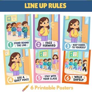 Könnte beinhalten: Ein Set aus sechs pädagogischen Postern mit dem Titel LINE UP RULES, die Cartoon-Illustrationen von Kindern in einem Schulflur zeigen. Jedes Poster enthält eine nummerierte Anweisung: STAND BEHIND THE LINE, FACE FORWARD, KEEP HANDS TO YOURSELF, USE A QUIET VOICE, STAY WITH YOUR CLASS und WALK SAFELY.