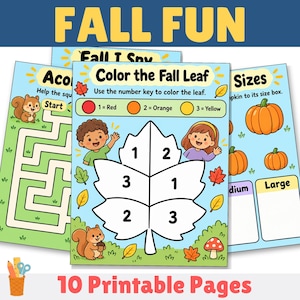 Op de afbeelding: Een set van 10 printbare activiteitenpagina's getiteld Fall Fun, met educatieve werkbladen voor kinderen. De pagina's bevatten een doolhof, een kleur-op-nummer bladactiviteit met een rode, oranje en gele sleutel en een sorteerspel.