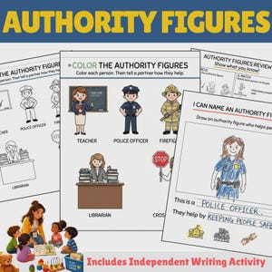 May include: Educational worksheets titled Authority Figures featuring illustrations of a teacher, police officer, firefighter, and librarian. The pages include coloring tasks, matching exercises, and a writing activity where a student identifies a police officer.