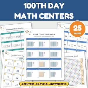 Könnte beinhalten: Eine Sammlung von 25 Seiten mit 100th Day Math Centers Lernblättern. Die Blätter enthalten Hundertertafel-Puzzles, Aufgabenkarten zum Stellenwert und ein 1 bis 100 Spielbrett. Das Set umfasst 6 Lernzentren, 2 Niveaus und Lösungsschlüssel.