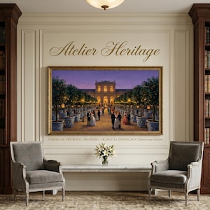 Puede incluir: Una escena interior con una pintura enmarcada y el texto "Atelier Heritage" encima. La pintura representa una reunión formal al aire libre. Dos sillones grises miran hacia la pintura, flanqueados por estanterías de madera oscura.