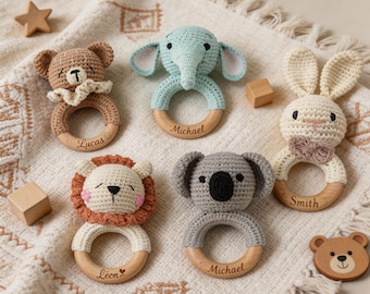 Personalized Crochet Animal Baby Rattle | Custom Name Newborn Rattle | Soft Baby Shower Gift | Wooden Handheld Rattle for Infant Boys&Girls