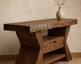 Rustic Wooden Console Table, Dark Brown Entryway Table, Farmhouse Sofa Table with Drawer and Shelf
