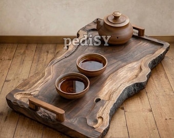 Live Edge Walnut Serving Tray, Rustic Wood Platter with Handles, Organic Coffee Table Home