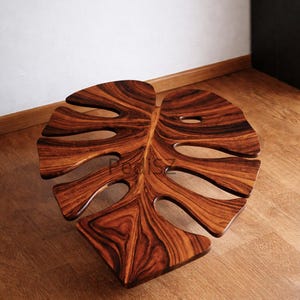 Hand-Finished Wooden Leaf Table, Sculptural Walnut Accent Table, Organic Nature Decor