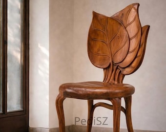 Hand-Finished Wooden Leaf Chair, Sculptural Accent Dining Chair, Botanical Statement Piece