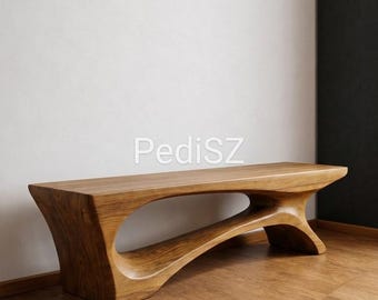 Banco de madera con acabado artesanal, banco escultural para recibidor, estilo moderno y orgánico para pasillo - Acabado en nogal marrón