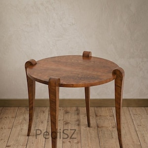 Mesa lateral escultural em nogueira com acabamento manual, mesa de centro redonda moderna.