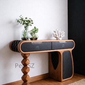 Hand-Finished Wooden Console Table, Modern Entryway Storage Console, Walnut Brown Hall, Sculptural Accent
