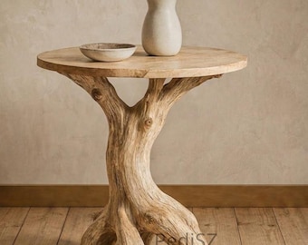 Rustieke bijzettafel met wortel, natuurlijk houten voetstuk accenttafel, organisch sculpturaal decor