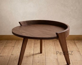 Tavolino rotondo in noce, tavolo in legno in stile moderno di metà secolo, tavolino laterale scultoreo a 3 gambe, tavolino d'appoggio per soggiorno in stile artigianale