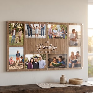 May include: A rectangular wooden photo collage frame featuring six distinct picture openings. The centre displays the white text "THE Bradleys EST. 2012" in a script and sans-serif font. The frame has silver metal hardware at each corner.