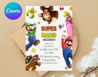 Super Mario Birthday Invitation Card  | Editable Canva Template (Digital Download)