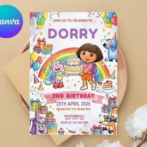 Plantilla de invitación de cumpleaños de Dora la Exploradora, 5x7 (descarga digital)