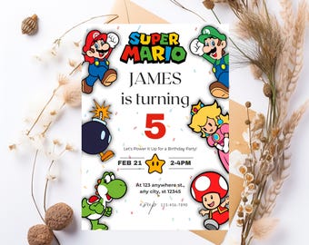 Super Mario Galaxy Birthday Invitation, Mario and Friends Party Invite, Watercolor Princess Peach, Bowser, Rosalina