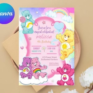 May include: A colorful invitation featuring cartoon bears, a rainbow, and the text "Join us for a magical celebration!" for Melissa's 4th birthday. The invitation includes the date, time, and location.