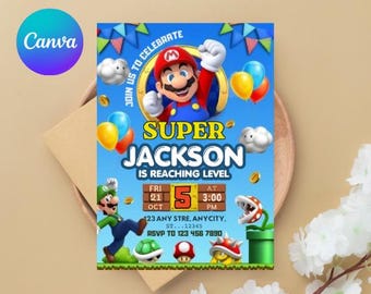 Super Mario Birthday Invitation, Level Up Party Invite (Digital Download)