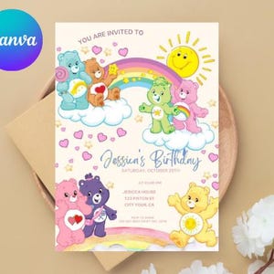 May include: A birthday invitation with cartoon Care Bears, a rainbow, and a smiling sun. The invitation text reads "You are invited to Jessica's Birthday" with the date, time, and address. The Canva logo is in the upper left corner.