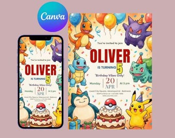 Bewerkbare Pokemon-uitnodiging, Pokemon-verjaardagsuitnodiging, afdrukbare verjaardagsuitnodigingen, sjabloon voor digitale verjaardagsfeestje