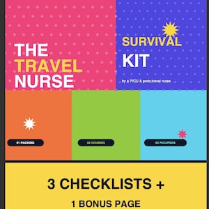 Könnte beinhalten: Ein farbenfroher digitaler Download mit dem Titel "The Travel Nurse Survival Kit". Das Design zeigt einen rosa Hintergrund mit weißen Punkten, einen blauen Hintergrund mit einem gelben Stern und orange, grüne und blaue Abschnitte mit Text und Symbolen.