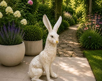 May include: A white, textured rabbit statue with long ears and a yellow nose sits on a stone patio. The rabbit is in a seated position, with a garden path and lush greenery in the background. The statue is a decorative garden accent.