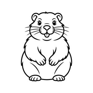 Op de afbeelding: Zwart-wit cartoon illustratie van een grondel. De grondel heeft een rond lichaam, kleine pootjes en een lachend gezicht met snorharen. De tong van de grondel steekt uit.
