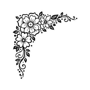 May include: A black and white graphic illustration of a floral corner design. The artwork features two large blossoms, smaller buds, and intricate leafy vines with swirling stems and small dots arranged in an L-shaped decorative pattern.