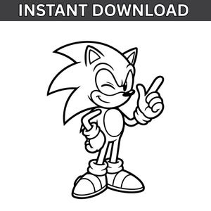 May include: Black and white line art illustration of Sonic the Hedgehog winking and pointing. The image includes the text "INSTANT DOWNLOAD" at the top. Sonic is a cartoon character with spiky hair, gloves, and shoes.