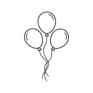 Puede incluir: Un dibujo lineal en blanco y negro de tres globos. Los globos son ovalados, con una línea curva en la parte superior. Las cuerdas de los globos están anudadas, creando una imagen sencilla y festiva.