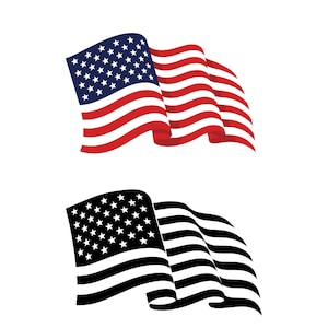 May include: A graphic illustration featuring two waving flags. The top flag displays the traditional red, white, and blue colors of the United States flag. The bottom flag is a monochromatic version rendered entirely in black and white.