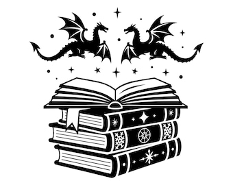 Libros de dragones de fantasía SVG, PNG, Amante de la lectura, Literatura, Arte mítico, Decoración de biblioteca, Aficionado a los libros, Archivo de corte para camiseta de ratón de biblioteca, Cricut, Silhouette