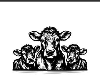 Familia de vacas asomando en la granja SVG, PNG: Vaquilla, Ternero, Vaca lechera, Decoración de granja, Vida en el rancho, Diseño de camiseta, Archivo recortado, Descarga instantánea