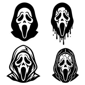 May include: A set of four black and white graphic illustrations featuring the iconic ghost-faced mask with a hooded cloak. The designs include a standard mask, a dripping effect version, a detailed hooded version, and a cracked, textured mask variant.