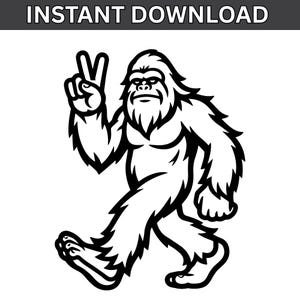 May include: Black and white illustration of a Bigfoot character walking and giving the peace sign. The text "INSTANT DOWNLOAD" is at the top of the image. The Bigfoot is depicted with a hairy body and a serious expression.