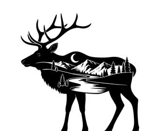 Paisaje de ciervos majestuosos SVG PNG / Silueta de ciervo en bosque de montaña Archivo de corte / Naturaleza y vida silvestre Diseño Cricut