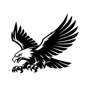 Può includere: Illustrazione in bianco e nero di un'aquila in volo. L'aquila è raffigurata con le ali spiegate, gli artigli estesi e il becco aperto. Il design è una rappresentazione grafica audace dell'uccello predatore.