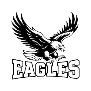 Puede incluir: Una ilustración gráfica en blanco y negro de un águila calva en vuelo con las alas extendidas y las garras hacia afuera. Debajo del águila, la palabra EAGLES está escrita en una fuente de letras mayúsculas en bloque con una ligera curva.