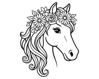 Icono de caballo con flores SVG, PNG: elegante contorno de crin floral, decoración para habitación infantil ecuestre, archivo de corte para Cricut Silhouettes, descarga instantánea.