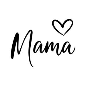 Könnte beinhalten: Schwarzer Schriftzug "Mama" in Schreibschrift mit einem schwarzen Herzsymbol über dem Buchstaben "a" auf weißem Hintergrund. Das Design ist schlicht und elegant.