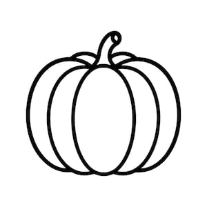 May include: A black and white line drawing of a pumpkin. The pumpkin has a rounded shape with vertical ridges and a curved stem. The image is a simple, graphic representation of a pumpkin, often used for fall or Halloween-themed designs.