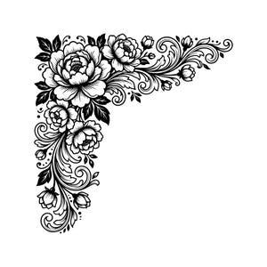 Può includere: Un'illustrazione grafica in bianco e nero di un bordo angolare floreale. Il design presenta grandi peonie in fiore, boccioli più piccoli e intricate foglie d'acanto vorticose disposte a forma di L su uno sfondo bianco uniforme.