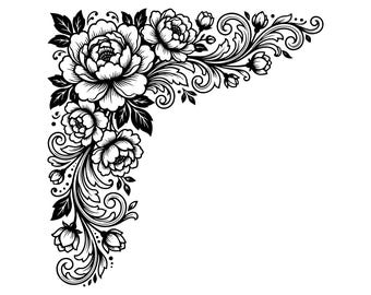 Moldura de canto de rosa em SVG e PNG: contorno floral botânico, decoração para convite de casamento, arquivo de corte para Cricut Silhouette, download instantâneo