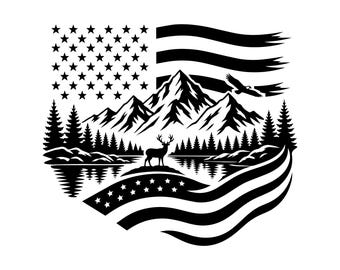 Bandera patriótica de montaña en formato SVG, archivo de corte de Forest Lake USA, vector rústico para exteriores, ideal para regalar a amantes de la naturaleza.