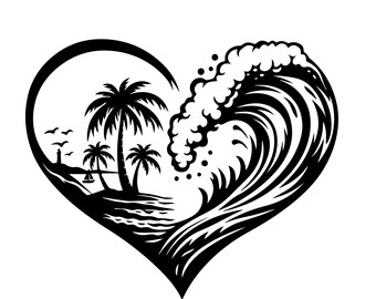 Heart Palm Tree Ocean Wave SVG, PNG: Tropical Beach, Summer Vibes, Vacation Mood, Surfing Art, T-Shirt Design, Cut File, Instant Download