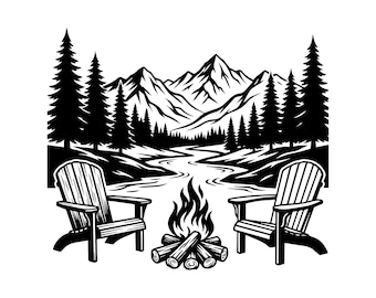 Sillas para fogatas SVG, Lago de montaña DXF, Escena al aire libre PNG, Archivo de corte de naturaleza, Clipart de bosque, Descarga digital