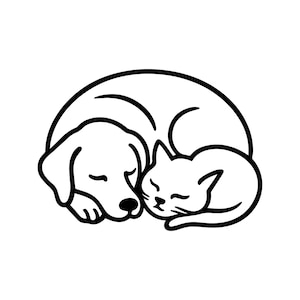 May include: A black and white line drawing of a dog and cat curled up together, both with closed eyes. The dog is on top, and the cat is nestled beside it, suggesting comfort and companionship.