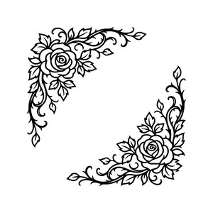 Marco de esquina de rosas SVG, PNG: contorno botánico floral, decoración para invitaciones de boda, archivo de corte Cricut Silhouettes, descarga instantánea