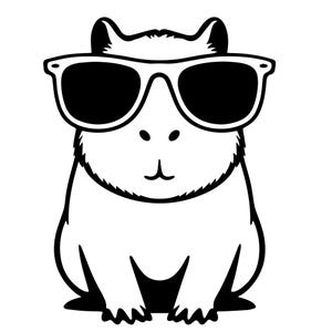 Op de afbeelding: Een zwart-wit illustratie van een capibara met een zonnebril. De capibara is afgebeeld in een eenvoudige, cartoonachtige stijl, met de nadruk op zijn gezicht en de grote zonnebril. Geschikt voor stickers, t-shirts of andere merchandise.