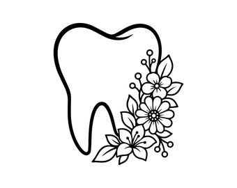 Arquivo SVG e PNG de dente dental: dente floral preto e branco com rosas, presente para dentista/higienista dental, arquivos de corte, download instantâneo.